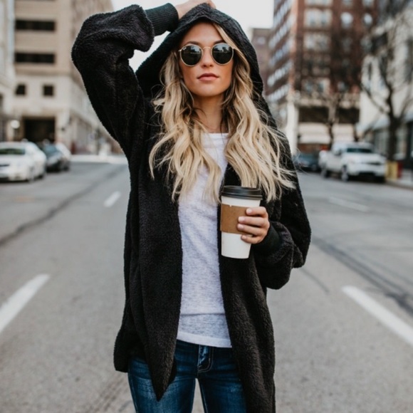 Black Super Soft Cozy Pocket Hood Sherpa Lightweight Teddy Coat Thin Cardigan - Picture 5 of 8